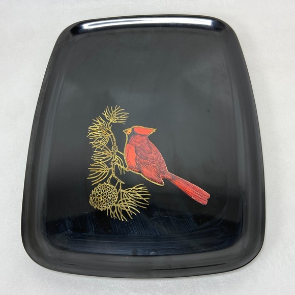 Vintage 60s Couroc Monterey Black Cardinal Tray Hand Inlay Bird MCM USA Serving - Picture 1 of 8